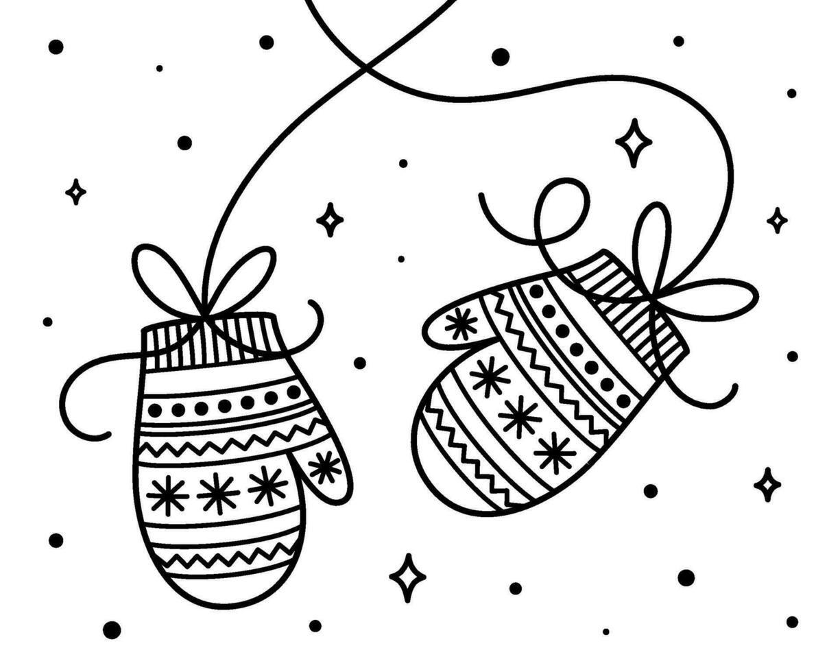 Outline Mittens with cute simple ornate. Winter wear. Isolated Christmas decoration for greeting card, labels, flyers. Vector illustration.