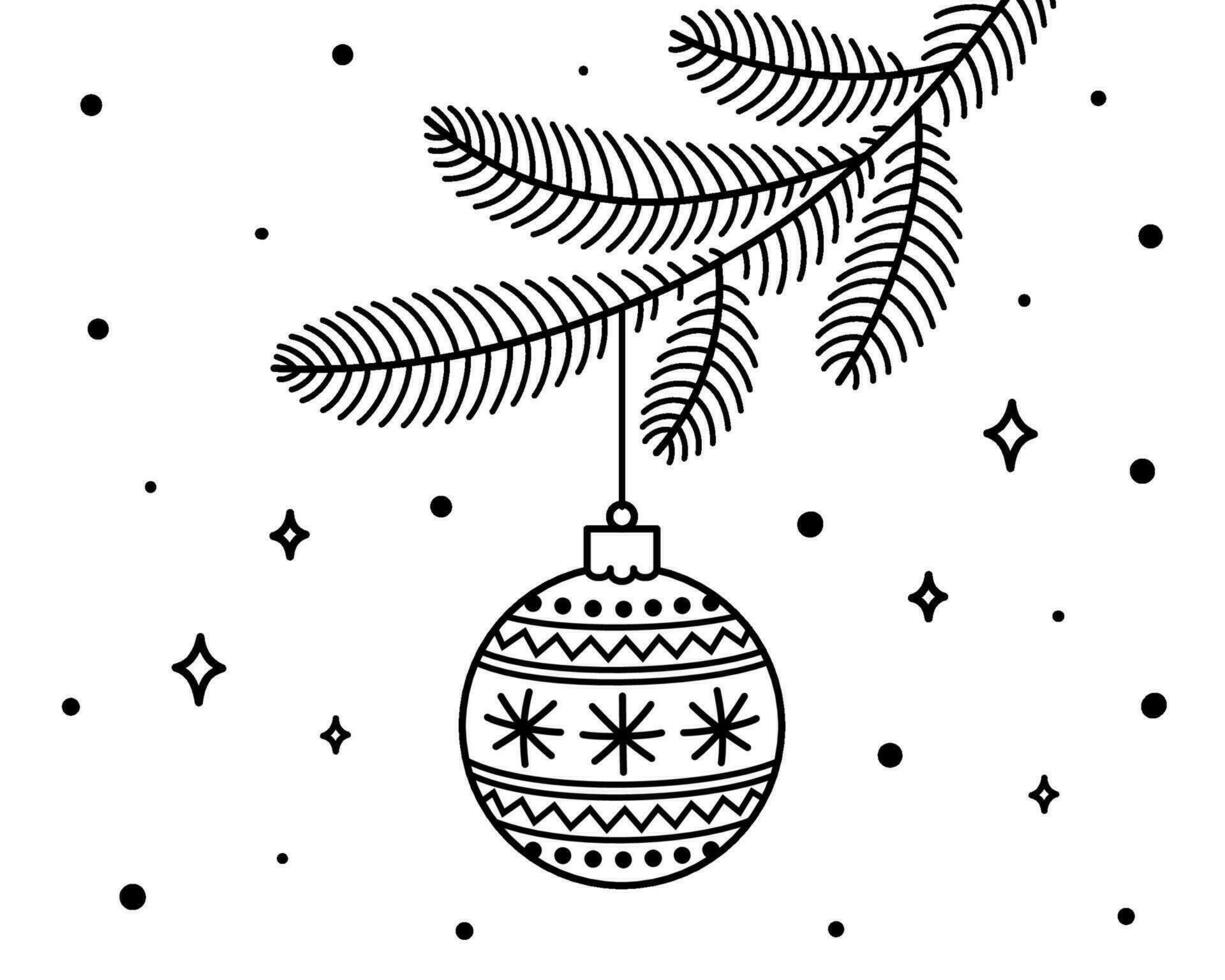 Christmas ball on a spruce branch. Xmas toy. New Year's decorative element.Outline template for greeting cards, label. Isolated vector illustration.