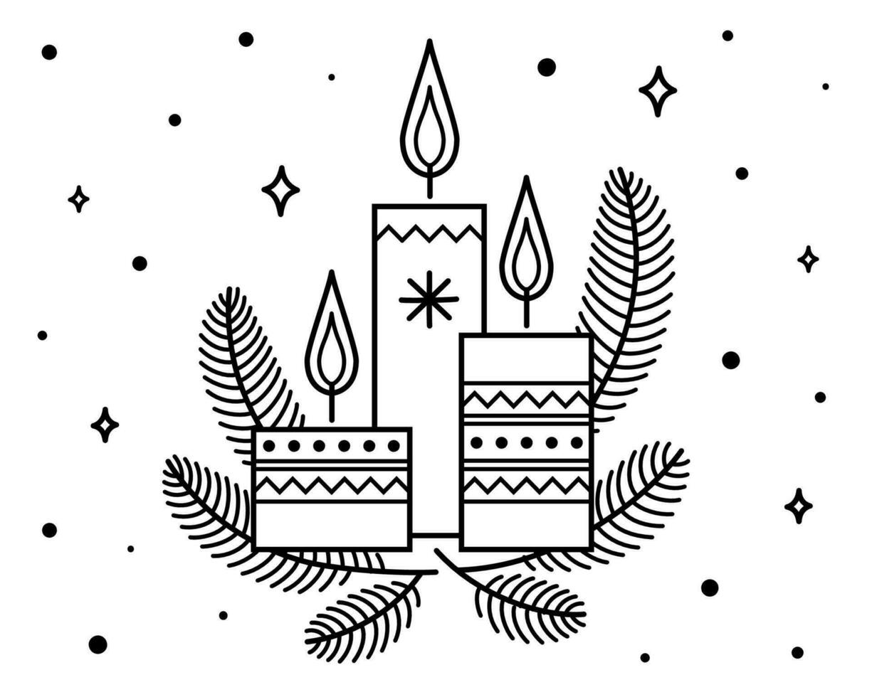 Christmas candles with ornaments and spruce fir branch for greeting cards, labels. Candle flame. Winter object. Outline vector illustration.