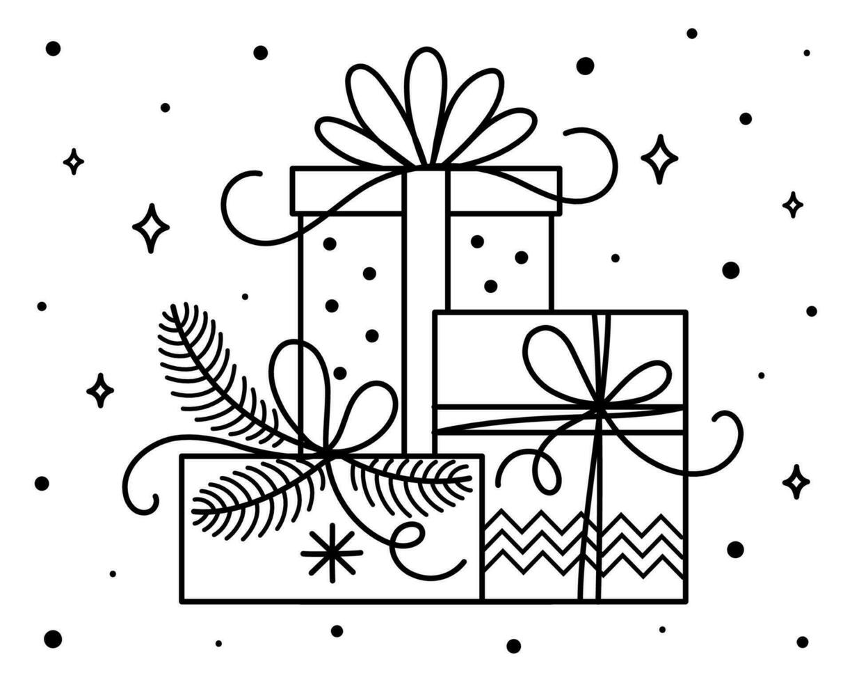 Christmas outline gifts with branches, ribbons, ornaments. Xmas decorative element. New Year template for greeting cards, label. Vector illustration.