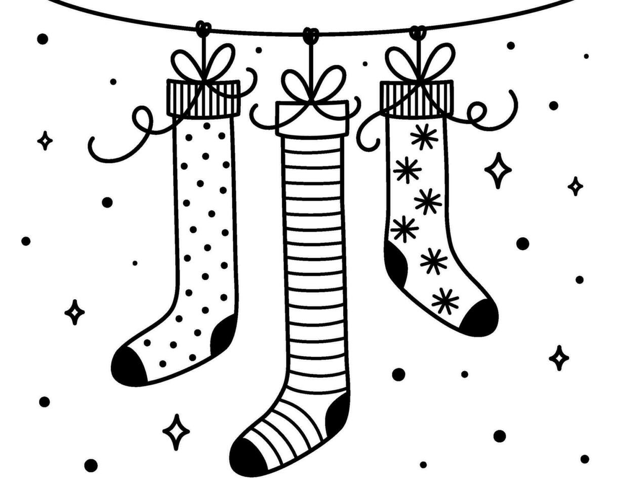 Navidad calcetines para regalos con sencillo adornado colgando en un cuerda. Navidad decoración. invierno objeto. contorno vector ilustración.