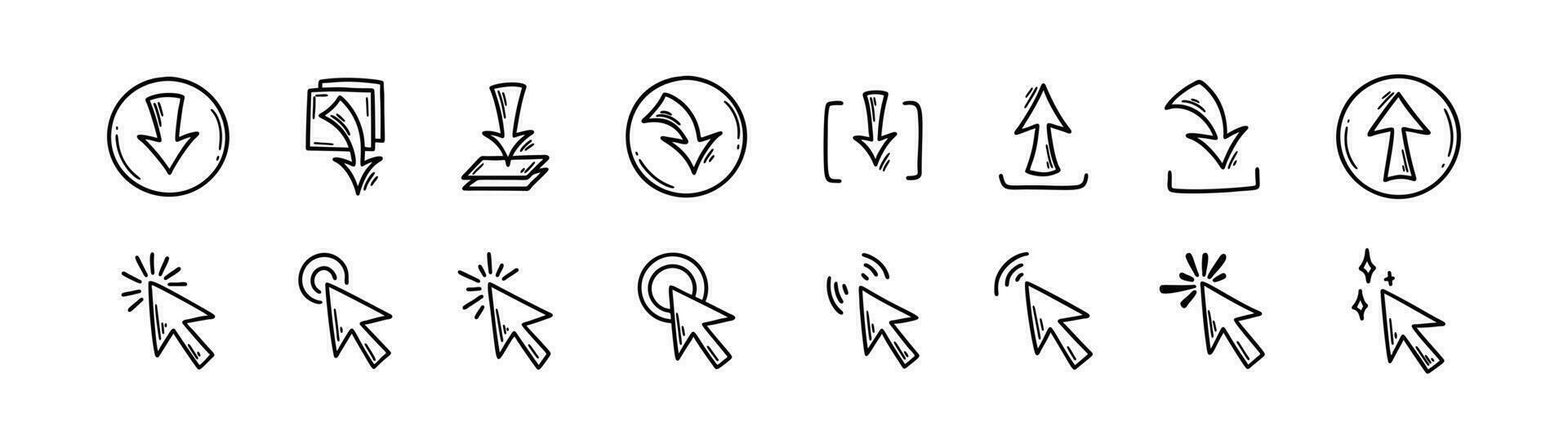 Download and upload file doodle icons set. Hand drawn sketch interface buttons. Data server technology. Digital storage arrow pictogram. vector