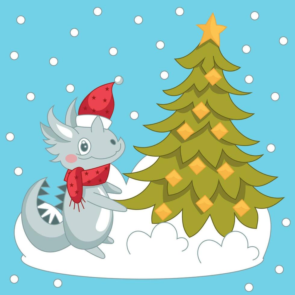 A cute cartoon grey dragon in a Santa hat sits next to the Christmas tree. New year animal vector illustration on white background. Vector.