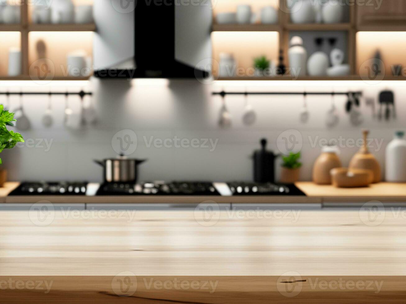 vacío hermosa madera mesa parte superior mostrador y difuminar bokeh moderno cocina interior antecedentes en limpiar y brillante, pancarta, Listo para producto montaje foto