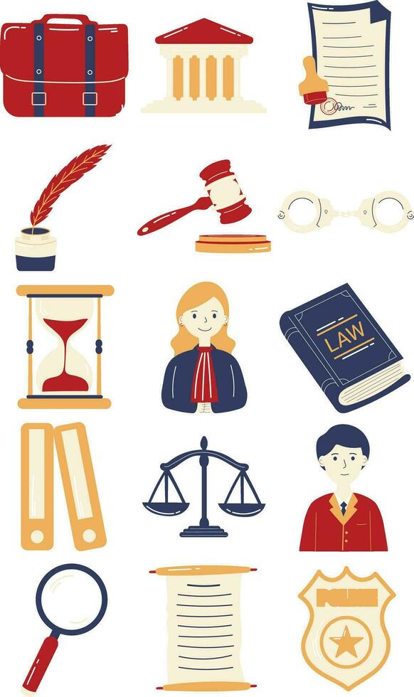 Simply Cute Hand-Drawn Law and Justice Illustration Set vector