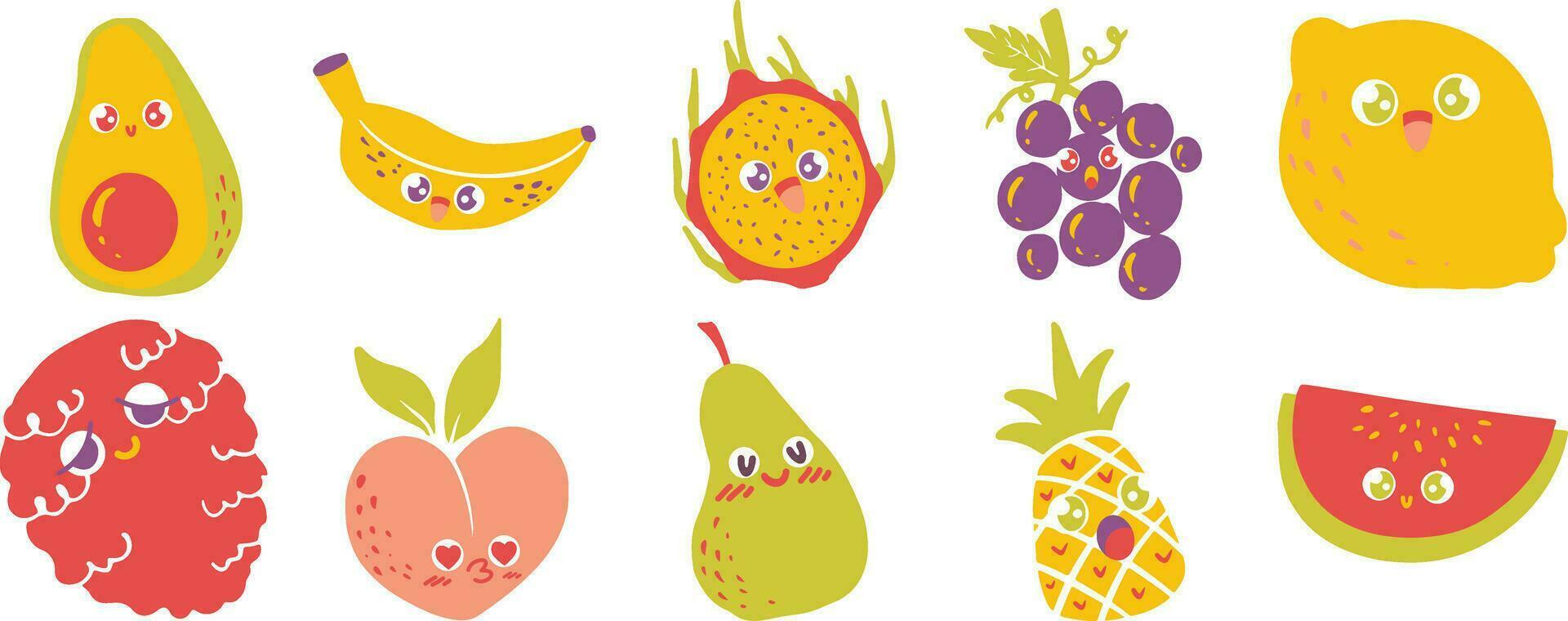 Appealing Cute Fruits Doodle Style Illustration Set vector