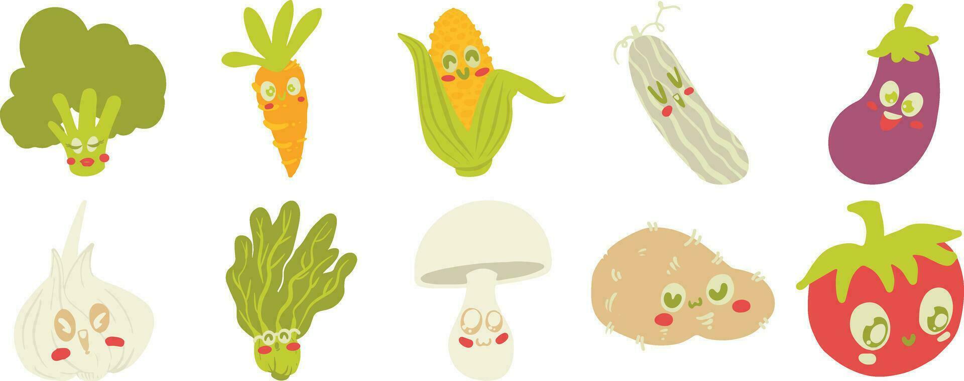 Blushing Cute Vegetable Characters Doodle Illustration Set vector