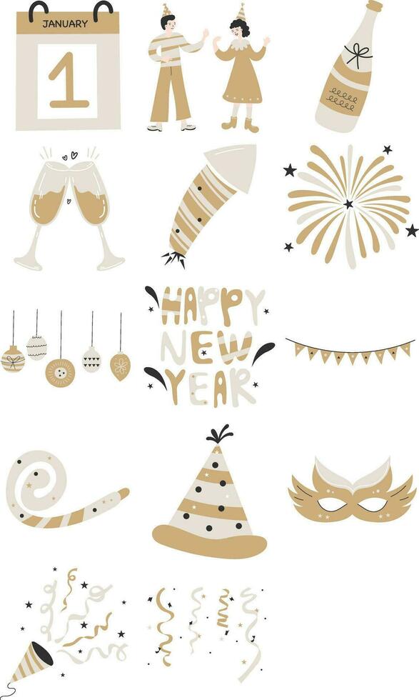Golden Wood New Year Party Illustration Set vector