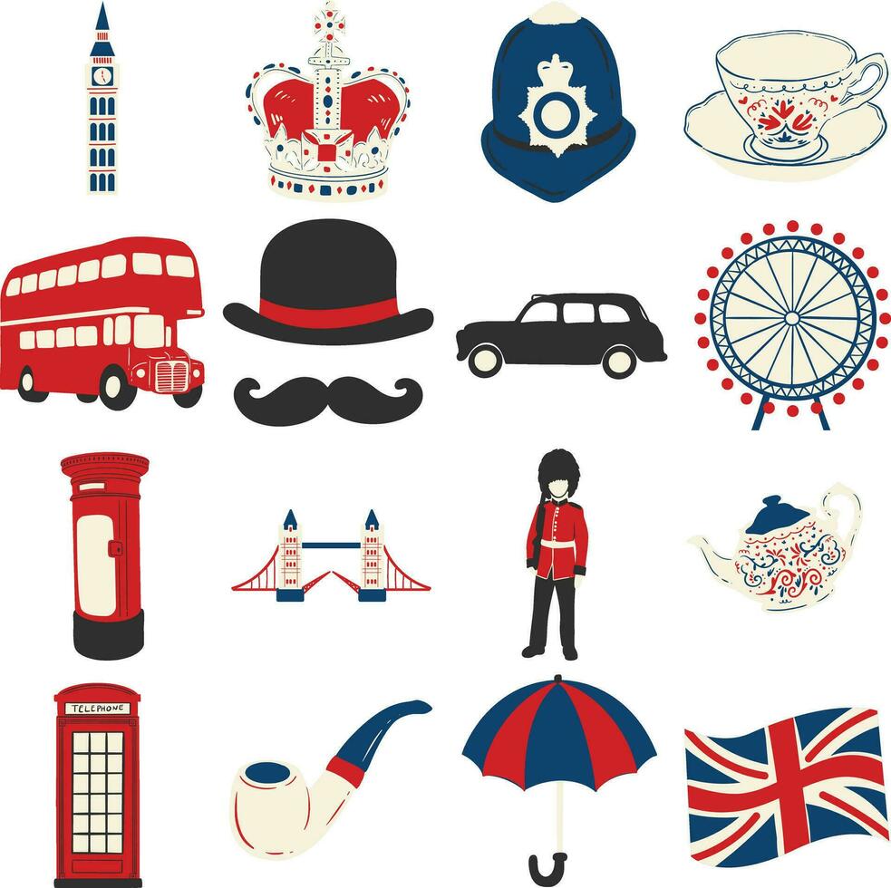 Royal Blue Red Iconic London Illustration Set vector