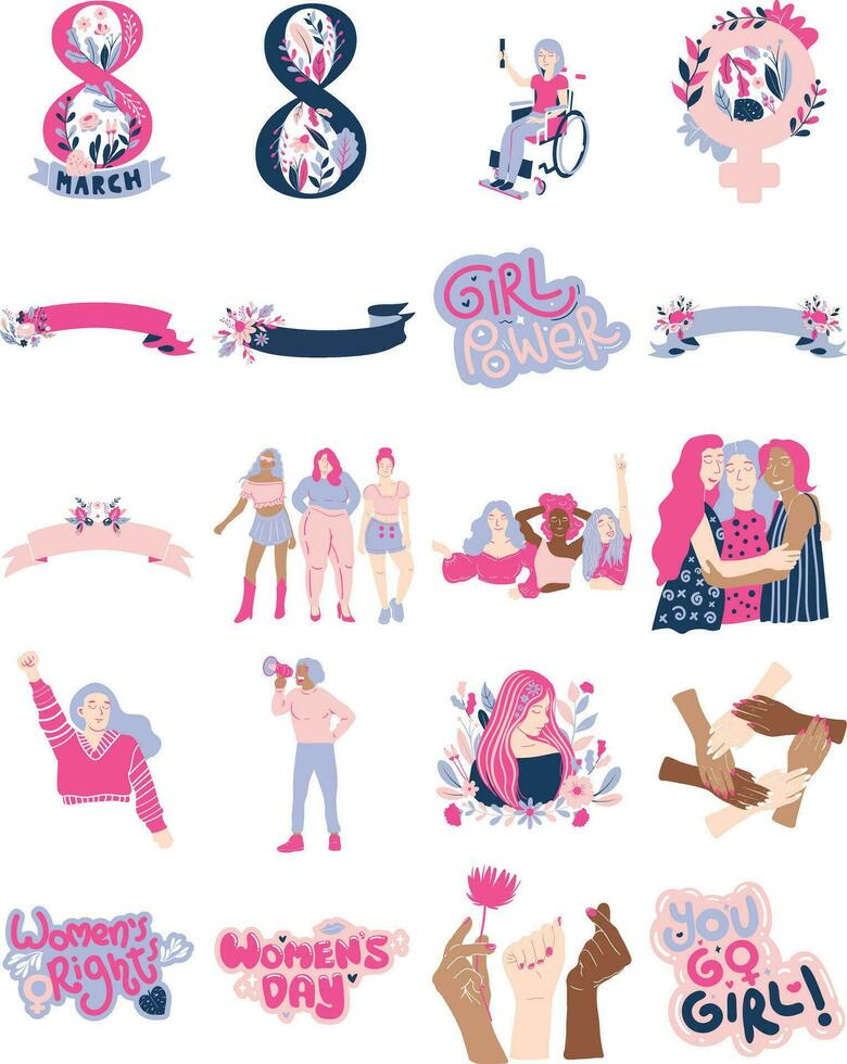 Lovely Pink Nuance Women's Day Illustration Set vector