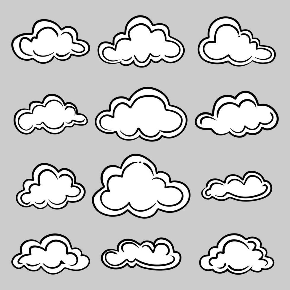 conjunto de garabatos de nubes, ilustración vectorial. vector