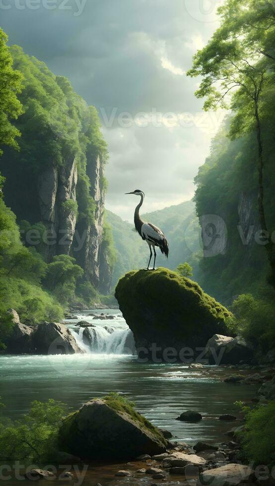 AI generated Majestic River Serenity, Graceful Crane on Lone Rock in Lush Forestscape photo