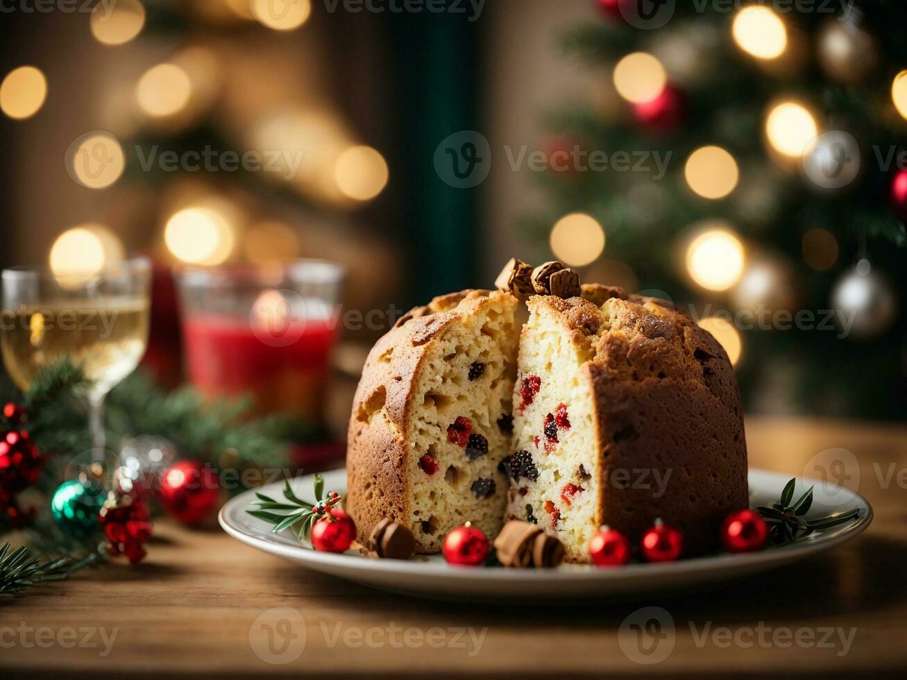 AI generated AI Generative classic Italian panettone placed on a plate next to a table photo