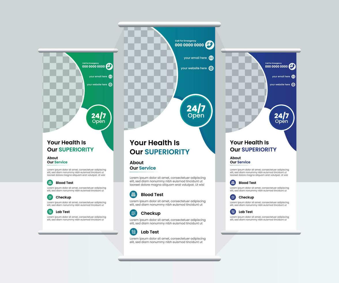 Medical health roll up banner design , creative and clean roll up banner design vector