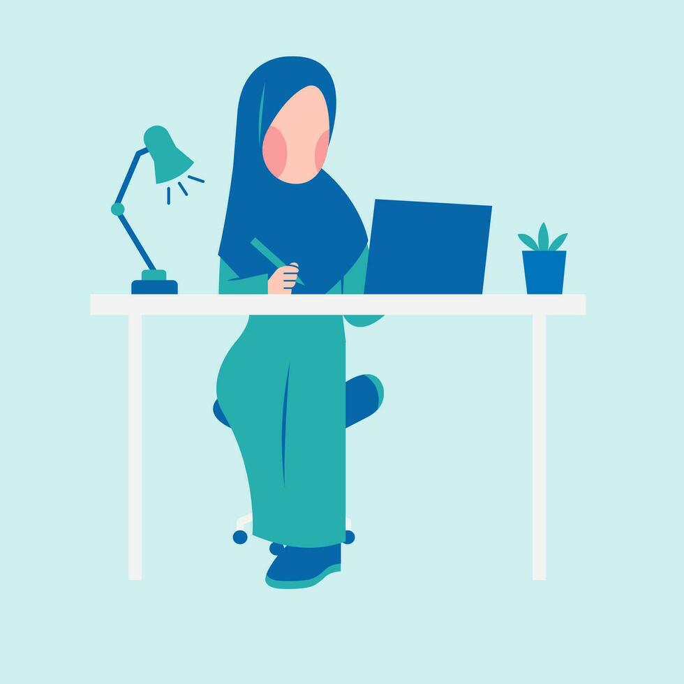 Hijab Woman Working On Desk vector