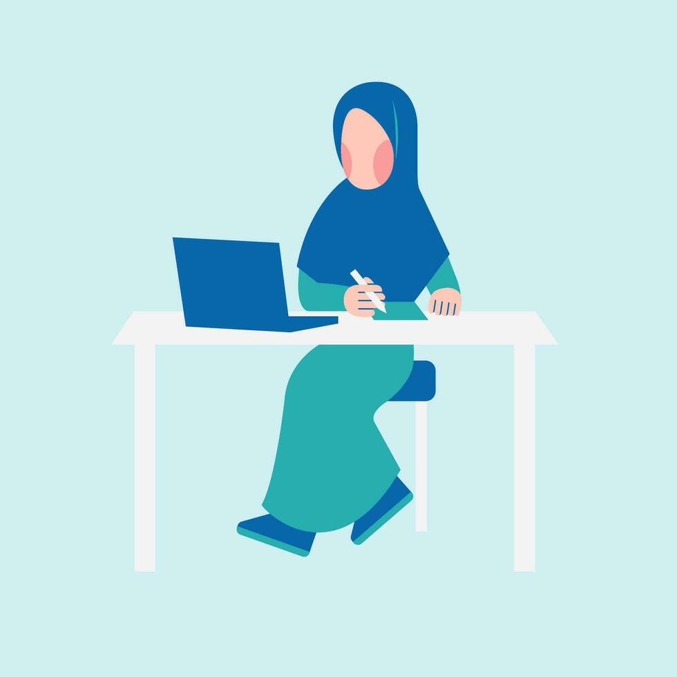 Hijab Woman Working On Desk vector