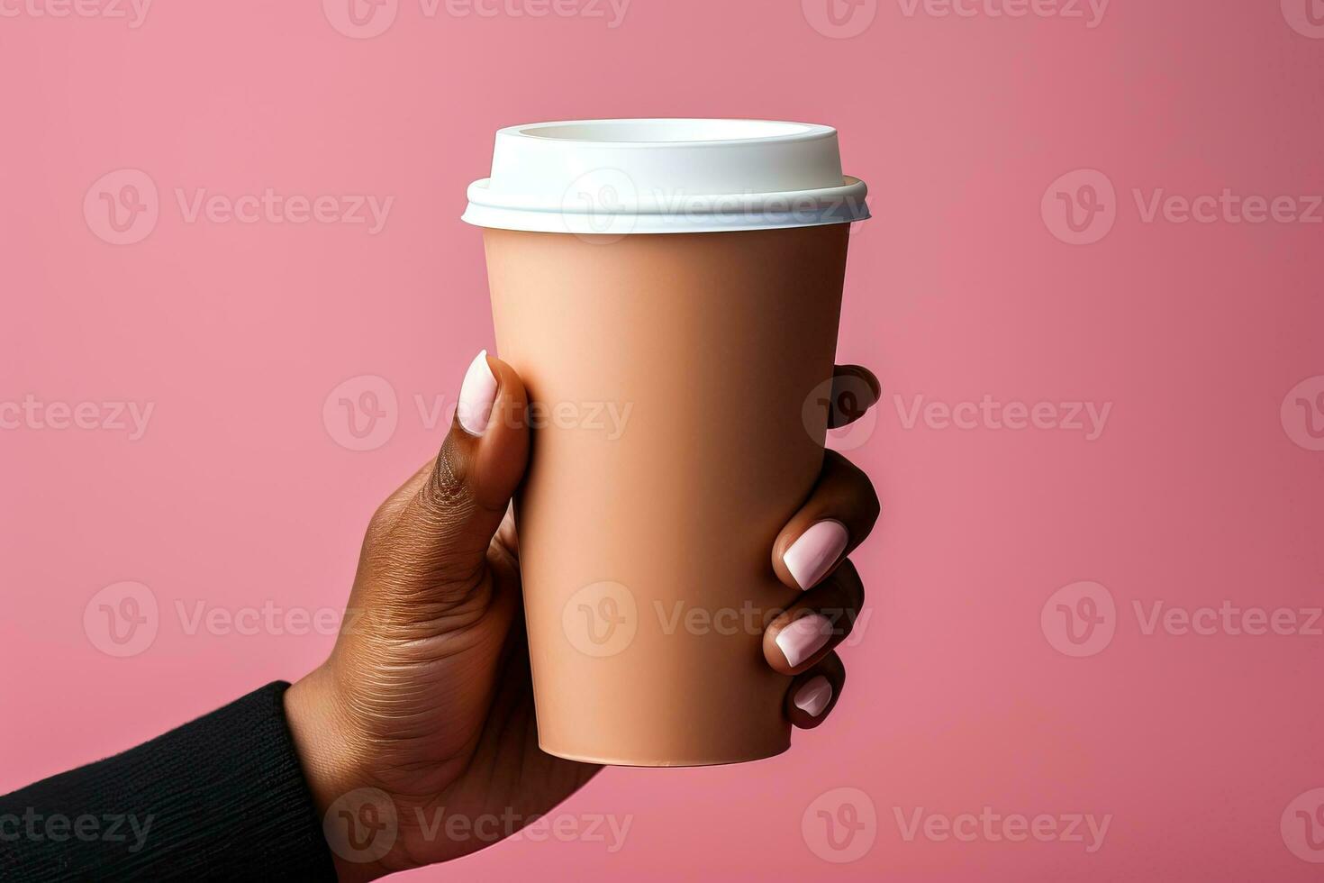 AI generated A woman holds a cup of coffee in her hands, mockup for business ideas with coffee. photo