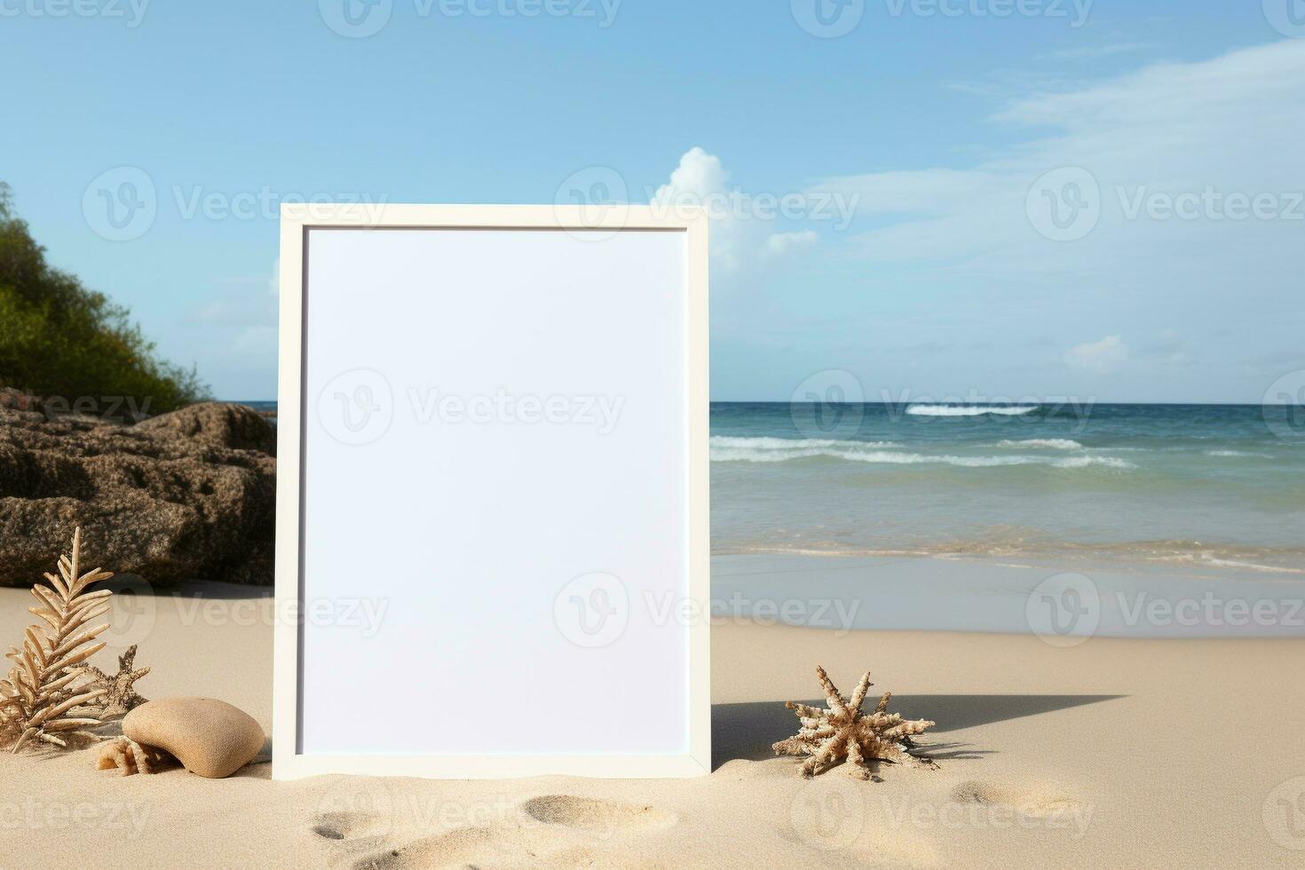 AI generated Blank white poster frame on the beach generative by ai photo