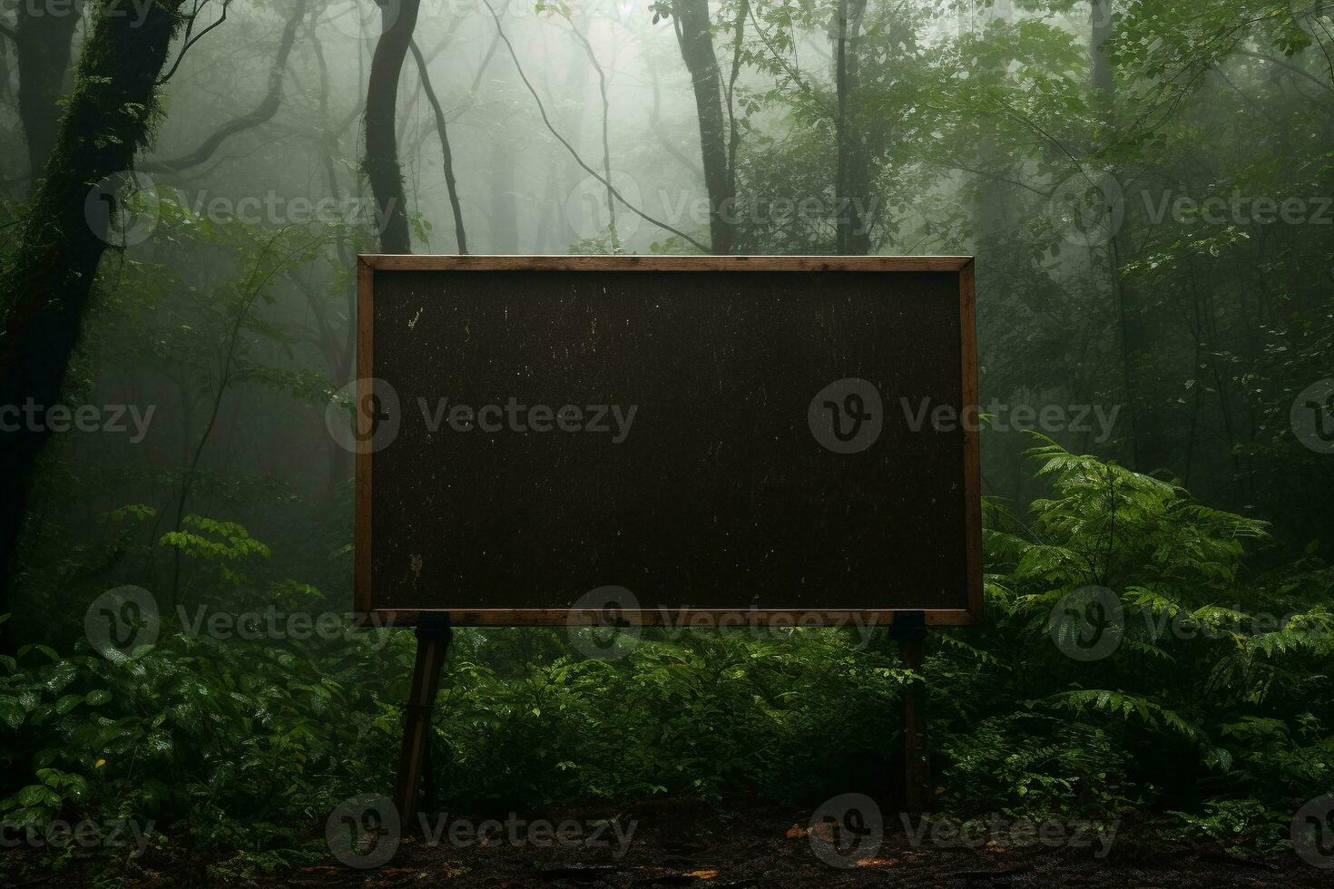 AI generated blank black color wood signboard in the forest generative by ai photo