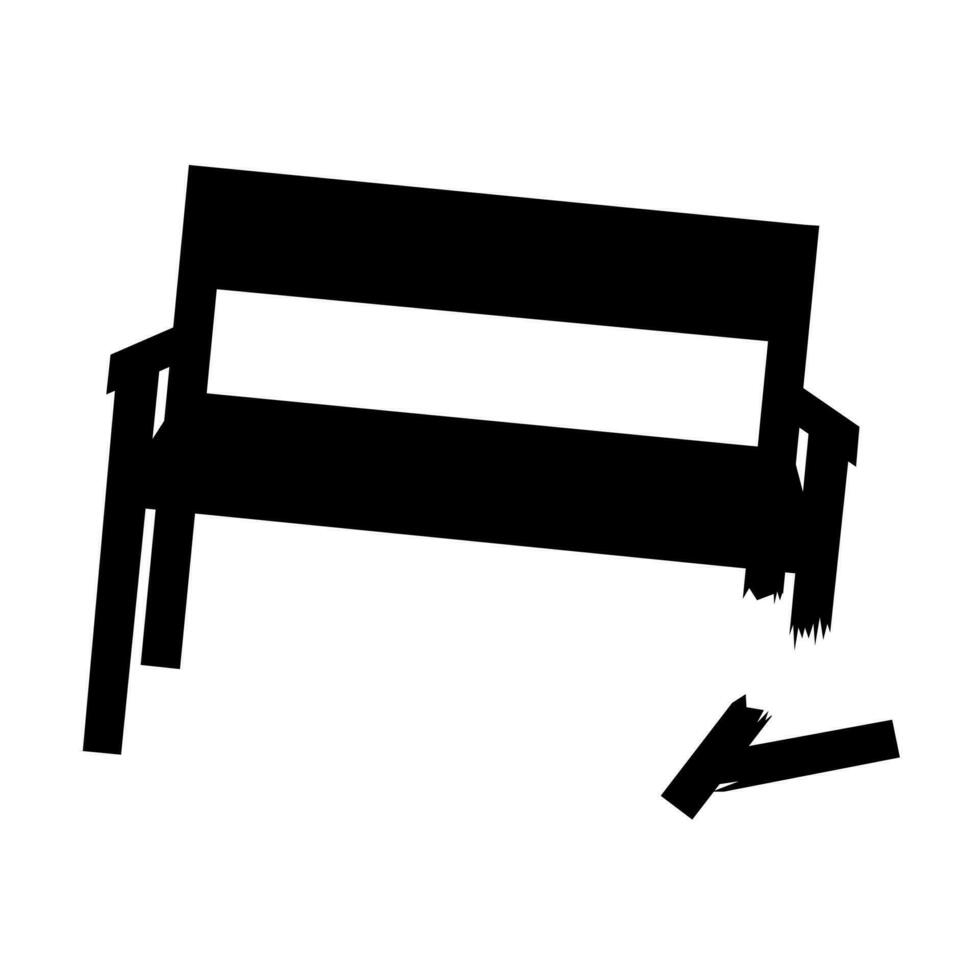 Silhouette of a broken chair with broken wood. A long bench that is no longer suitable for use. Vector illustration.