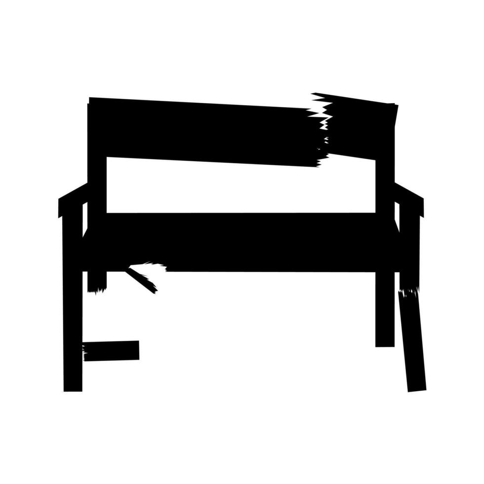 Vector silhouette of a garden chair with broken wooden planks. A rotten bench that is very dangerous to use.