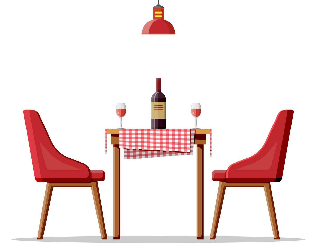 Interior of house dining room, table with chairs and lamp. Restaurant or cafe, bottle of wine and glasses. Romantic date concept. Furniture isolated on white. Cartoon flat vector illustration.