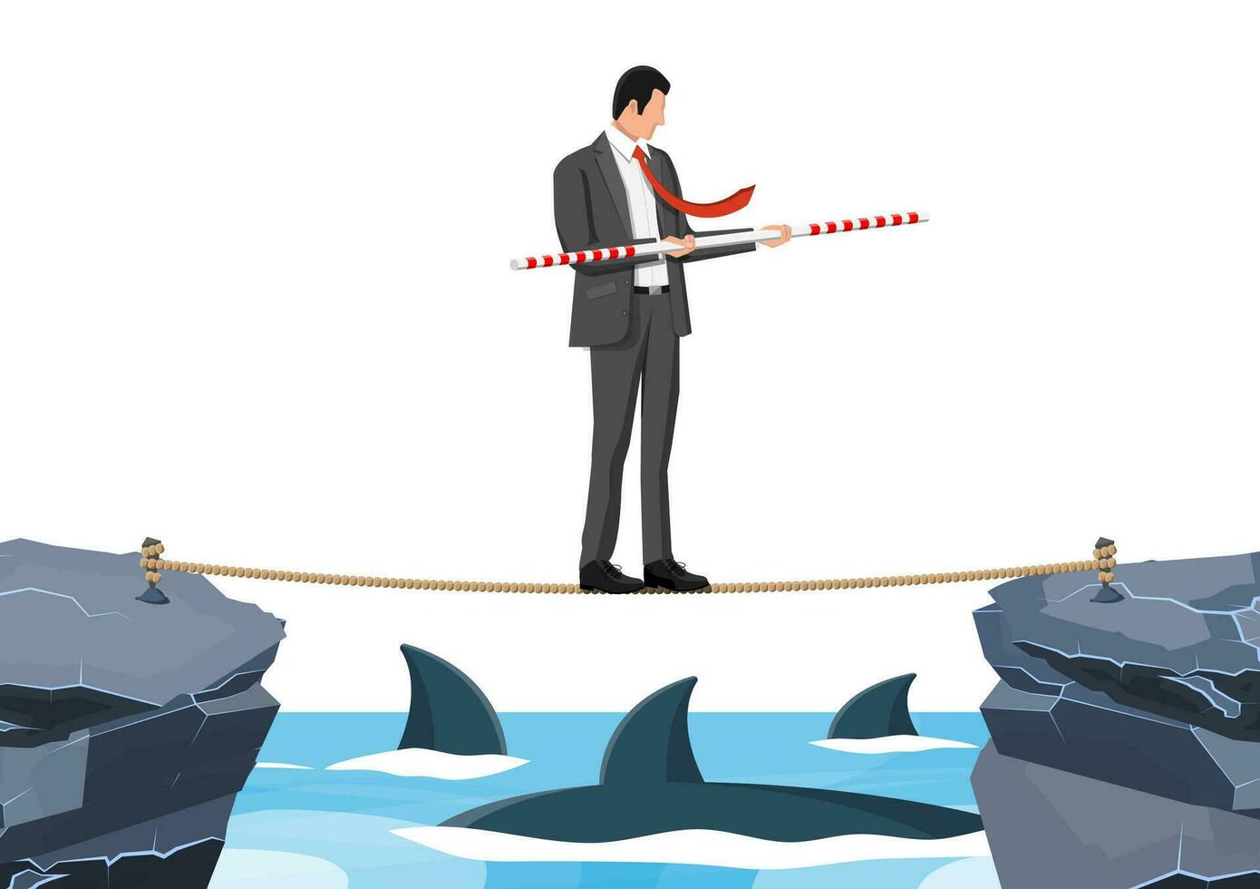 Businessman walking a tightrope over shark in water. Businessman in suit walking on rope with balancer. Obstacle on road, financial crisis. Risk management challenge. Flat vector illustration