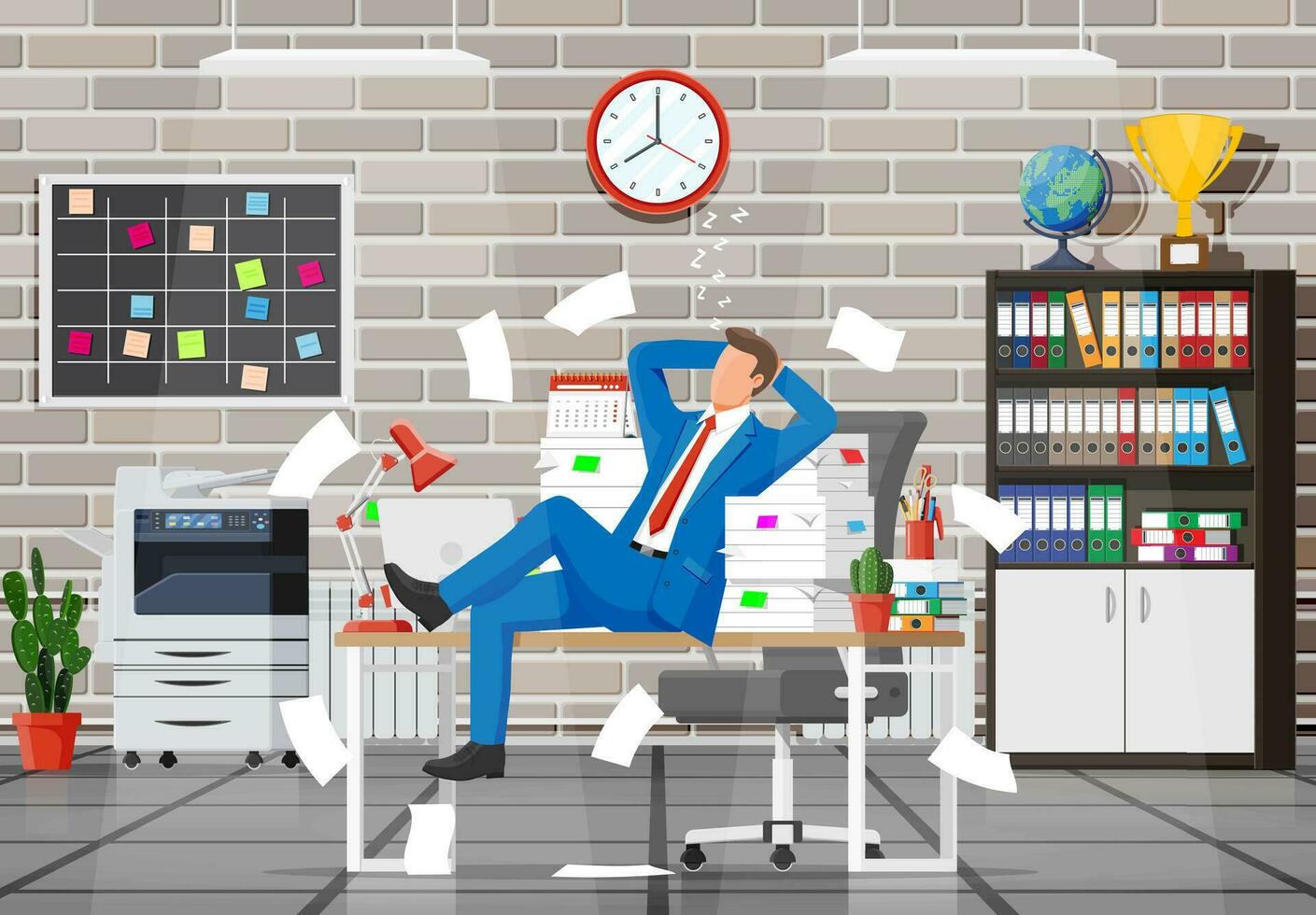 Business man character sleep in bunch of papers. Tired businessman or office worker sleeping on workplace. Stress at work. Bureaucracy, paperwork, deadline. Vector illustration in flat style