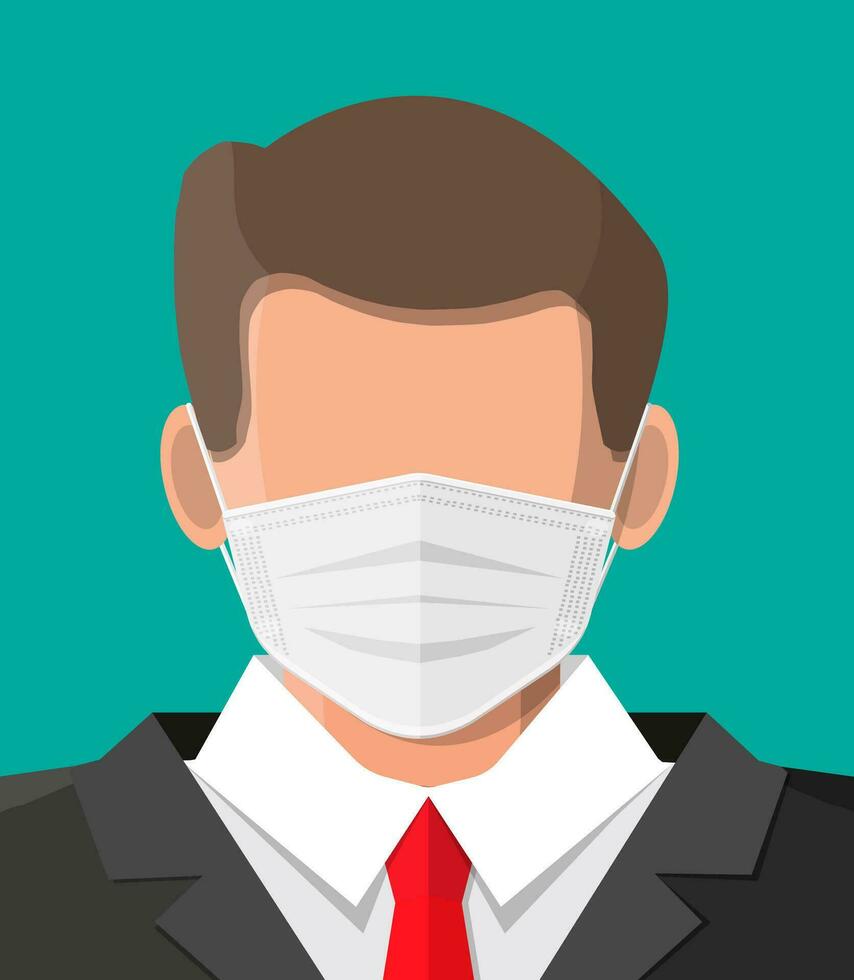 Disposable medical mask on person face. Cloth respirator. Prevention of virus, allergy, air pollution. Protection against flu, disease, influenza, coronavirus. Vector illustration in flat style