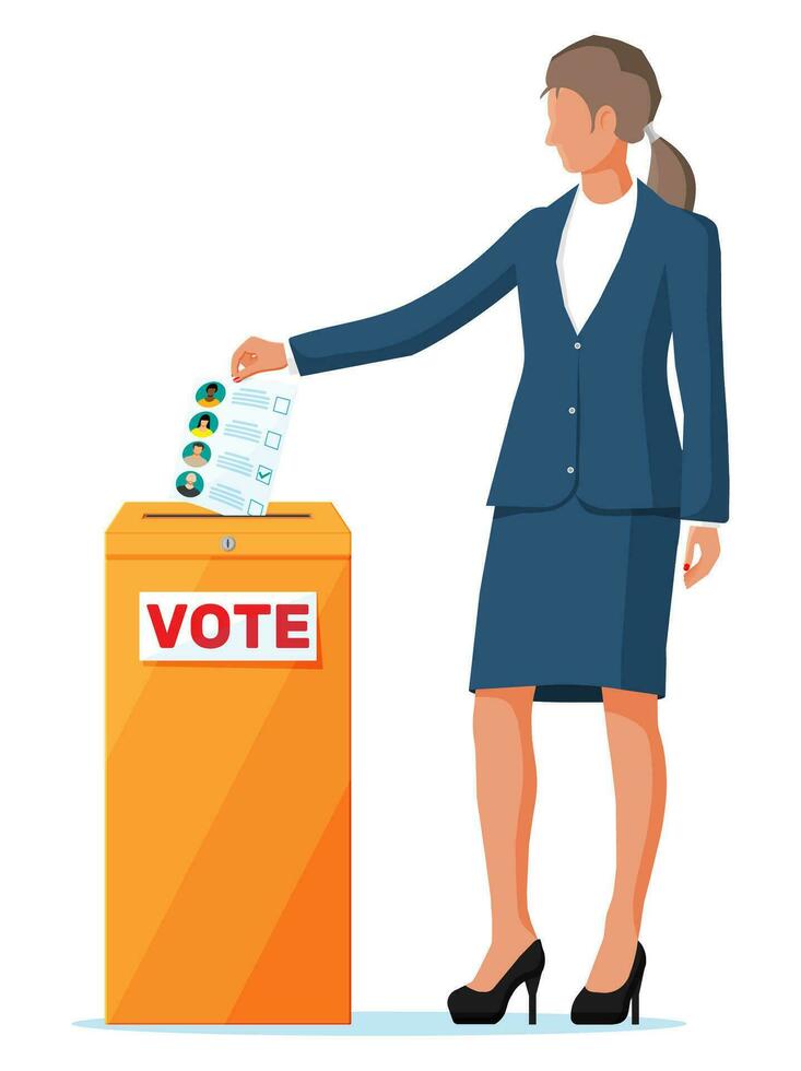 Woman putting document with candidates in ballot box. Hand with election bill. Vote paper with faces. Vector illustration in flat style