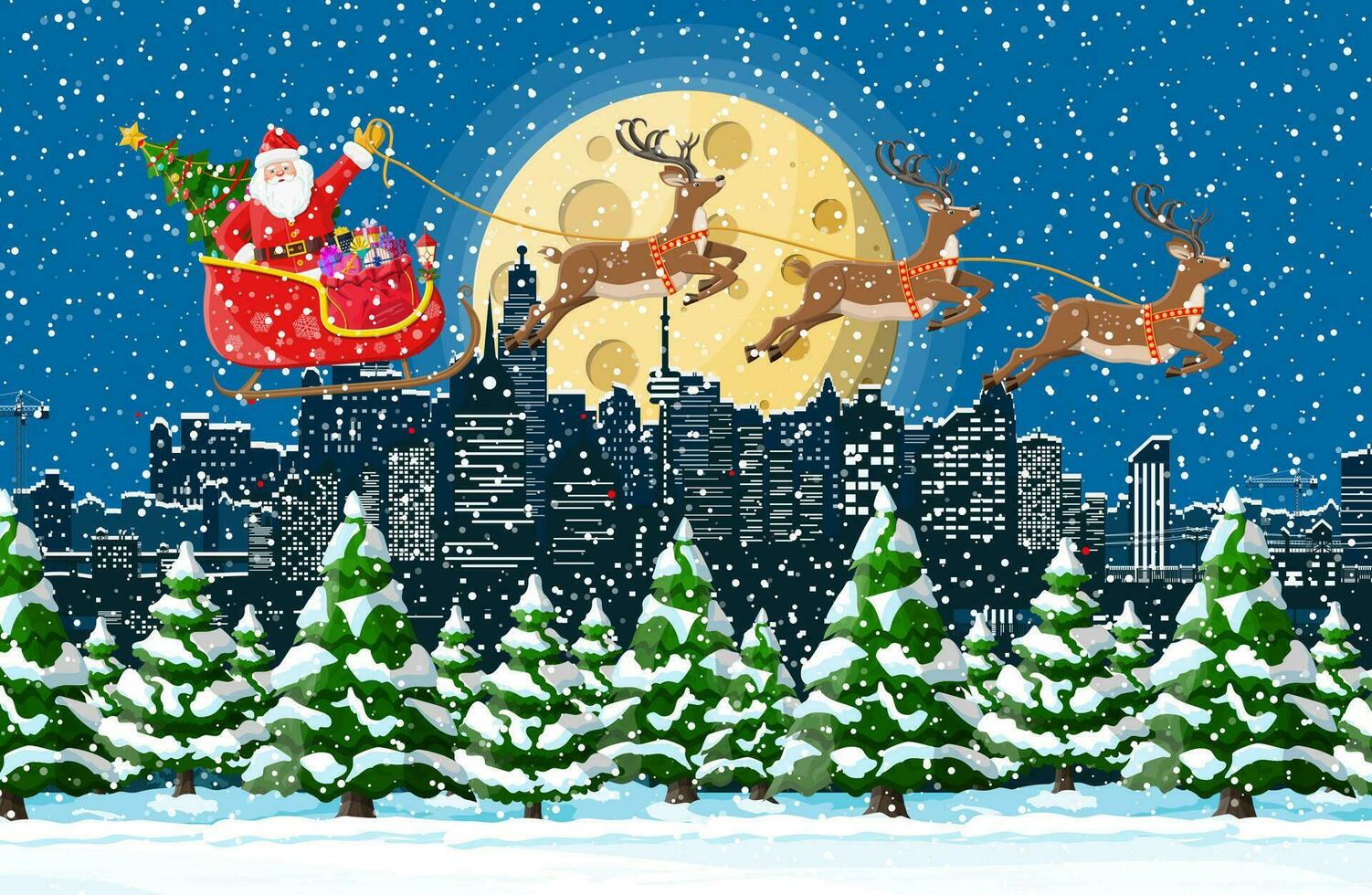 Santa claus rides reindeer sleigh. Christmas winter cityscape, snowflakes, buildings. Happy new year decoration. Merry christmas holiday. New year and xmas celebration. Vector illustration flat style