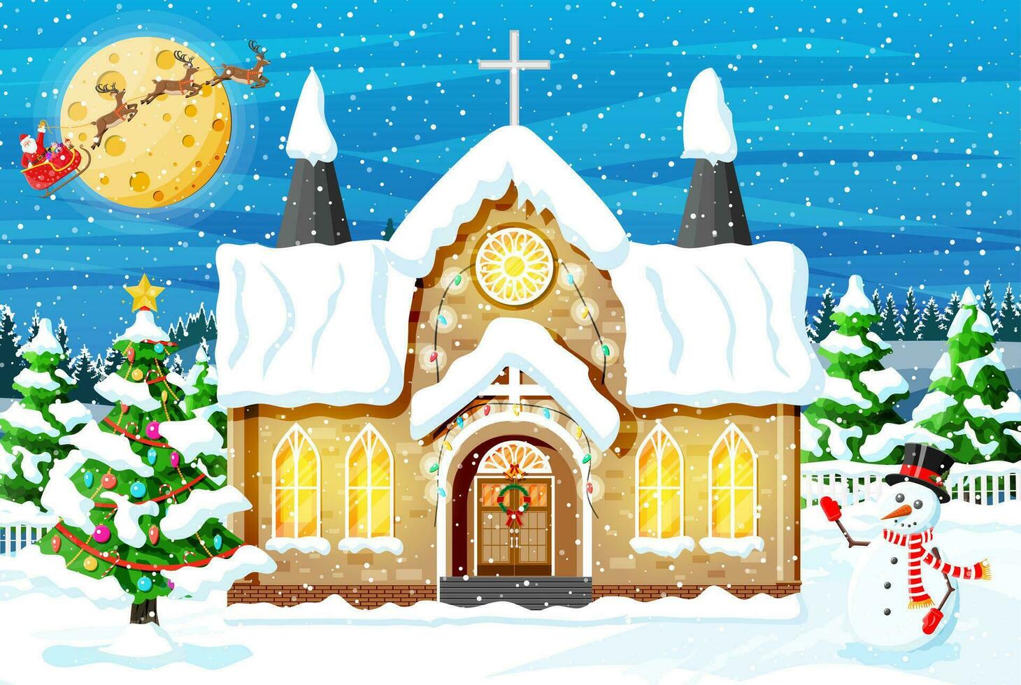 Church Covered Snow. Building in Holiday Ornament. Christmas Landscape, Tree, Snowman Forest Santa Sleigh Reindeers. New Year Decoration. Merry Christmas Holiday Xmas Celebration. Vector illustration
