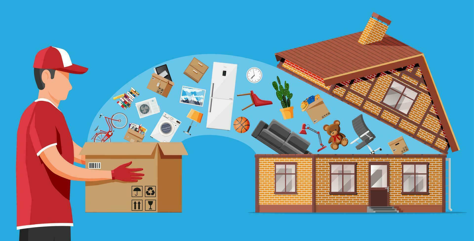 Building with home stuff inside and male mover. Moving to new house. Family relocated to new home. Boxes with goods. Package transportation. Computer, lamp, clothes, books. Flat vector illustration