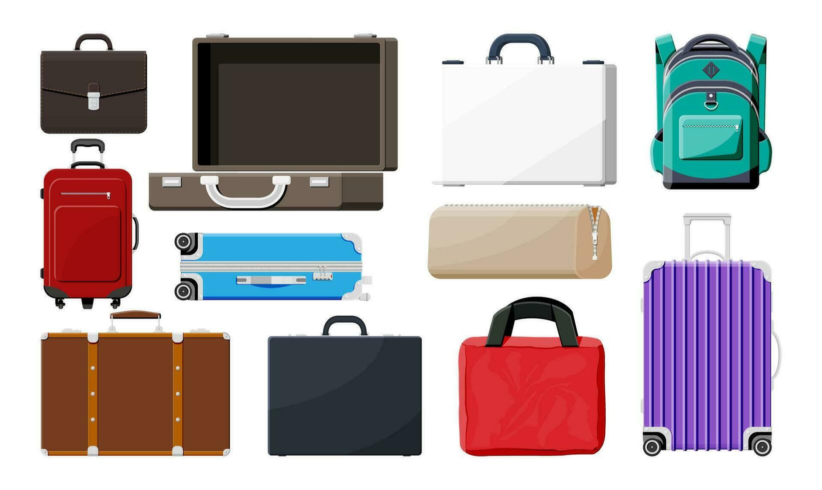 Modern And Vintage Travel Bag Collection Isolated On White. Set Of Plastic And Leather Business Case. Trolley On Wheels. Travel Backpack, Urban Baggage And luggage. Vector Illustration In Flat Style