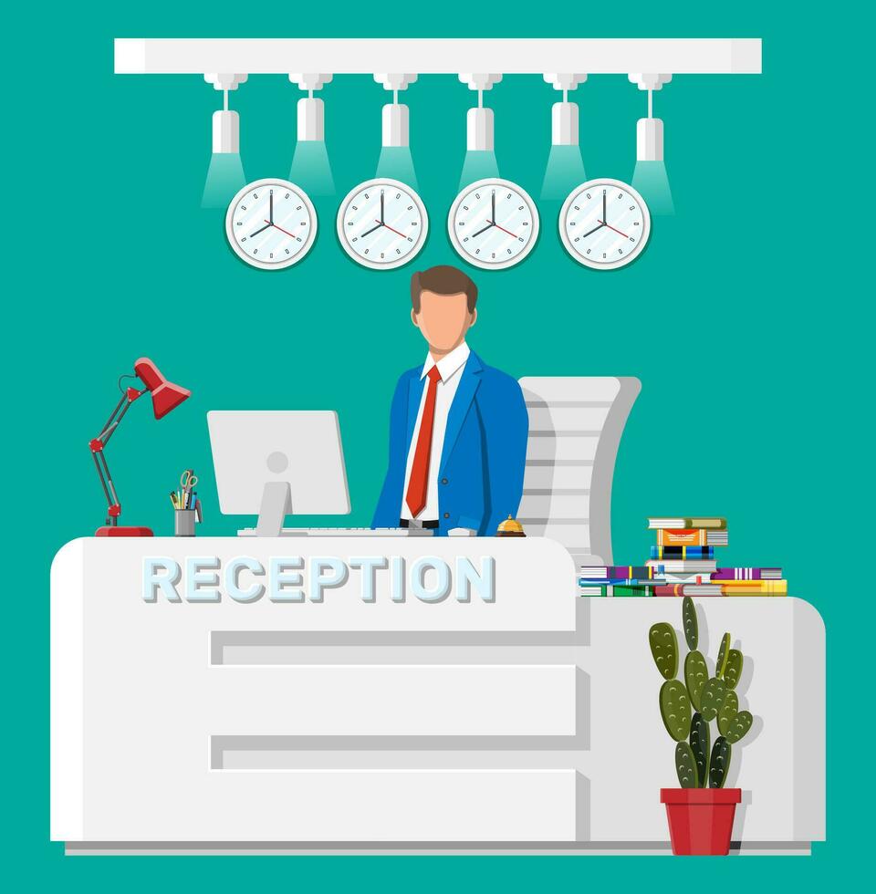 Modern reception interior. Hotel, hospital clinic or business office reception desk. Lobby or waiting room inside. Receptionist workplace. Computer, lamp, clock, chair, plant. Flat vector illustration