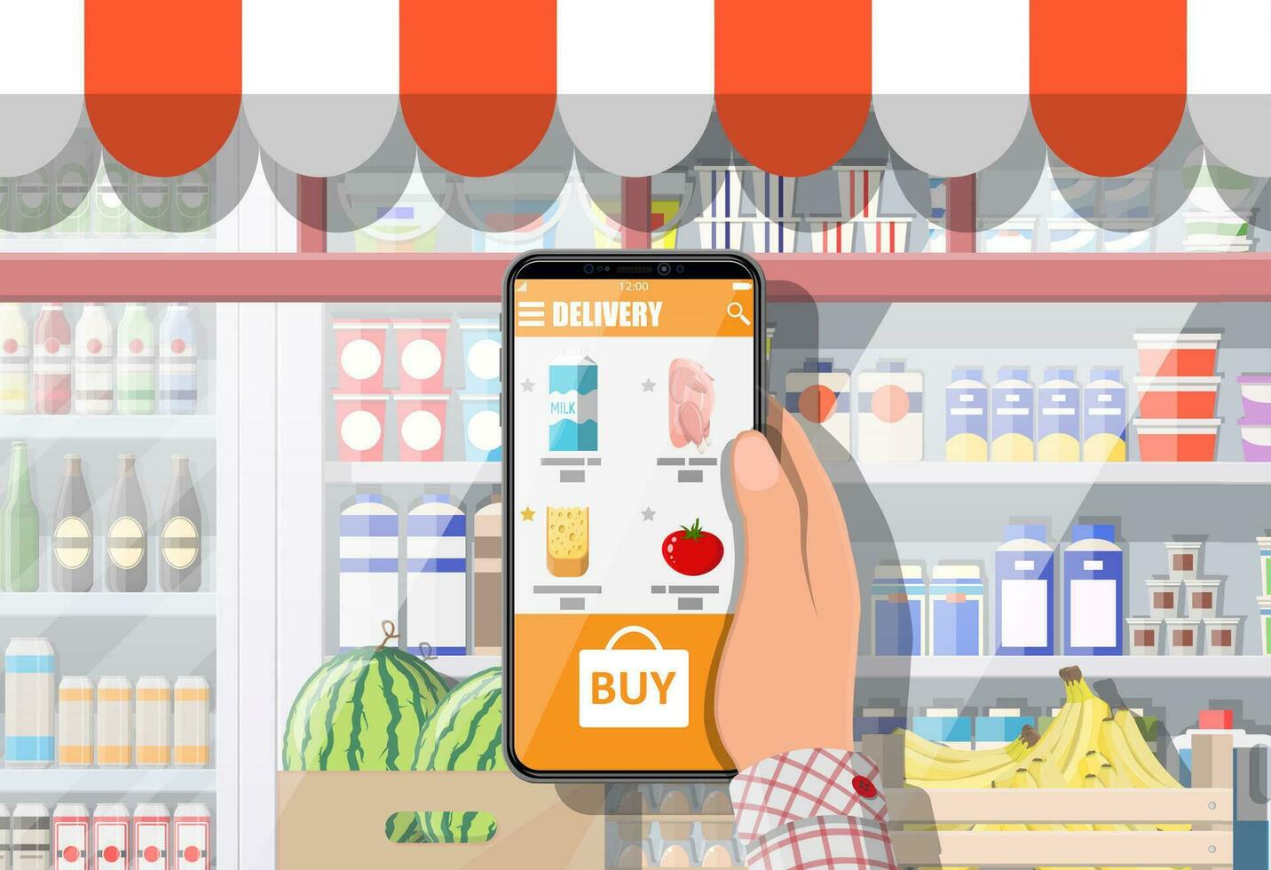 Hand holding smartphone with shopping app. Grocery store delivery. Internet order. Online supermaket. Shop interior with food and drinks. Milk, vegetables, meat, cheese. Flat vector illustration