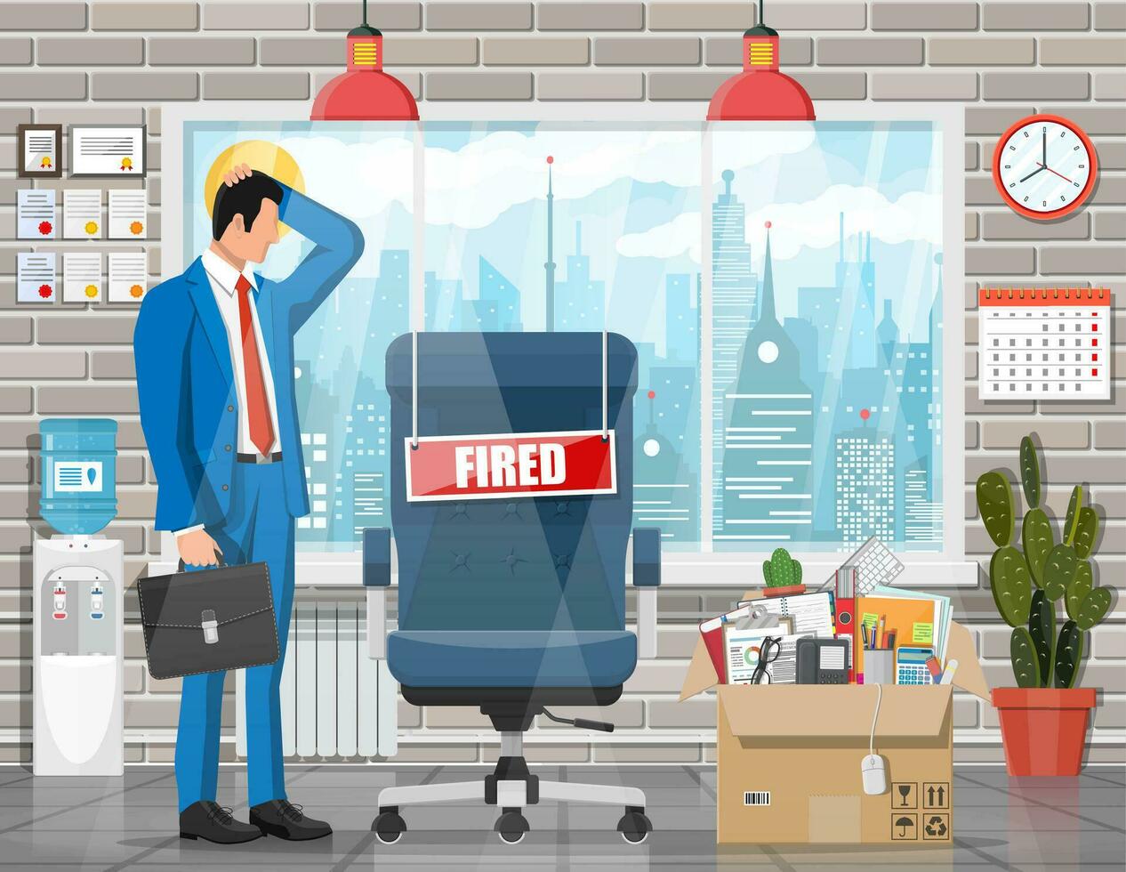 Dismiss employee, chair with fired word plate and cardboard box with office items. Hiring and recruiting. Human resources management concept searching professional staff work. Flat vector illustration