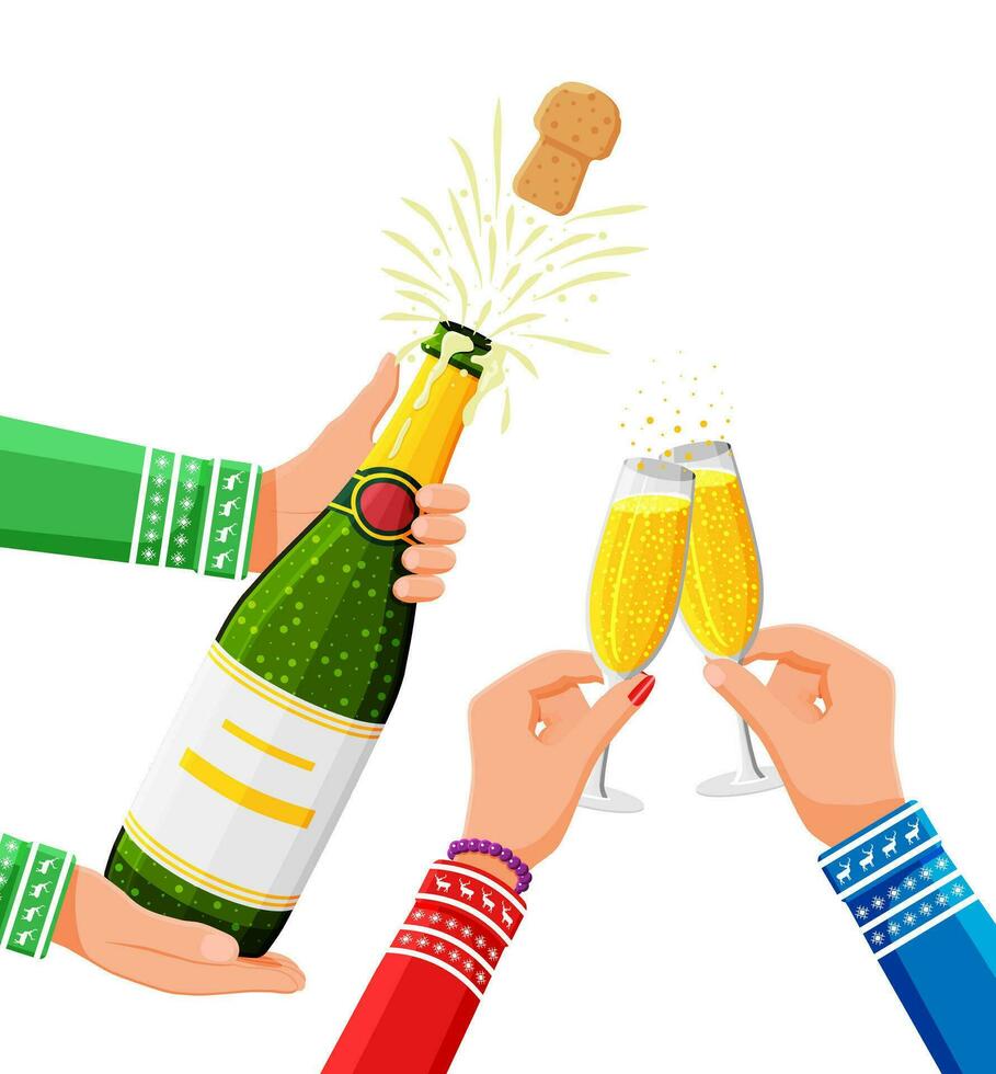 Clinking glass in hands, bottle of champagne. Christmas toast concept. Happy new year banner. Merry christmas holiday. New year and xmas celebration. Vector illustration flat style