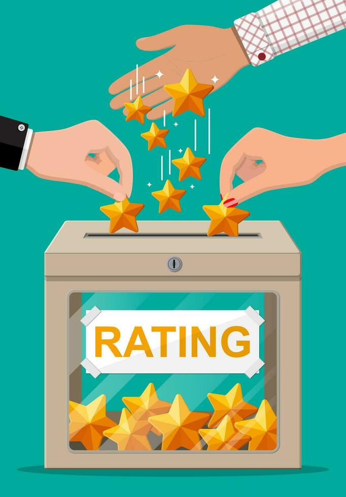 Rating box and hand with golden star. Reviews five stars. Testimonials, rating, feedback, survey, quality and review. Vector illustration in flat style