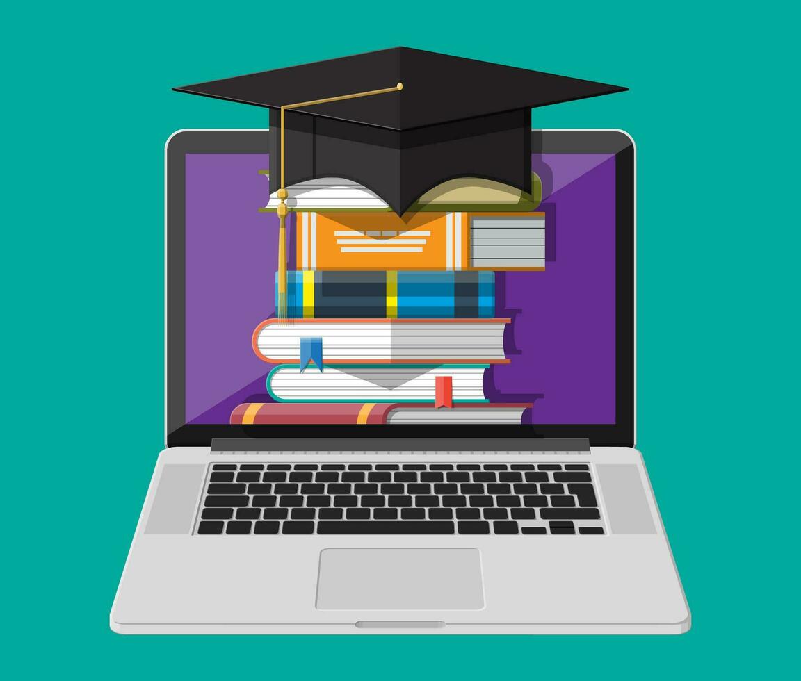 Notebook, hat and stack of book. Online education concept. Distance learning. Online courses, study process. E-learning, academic, school knowledge, education and graduation. Flat vector illustration