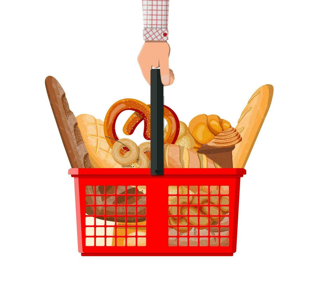 Bread icons and shopping basket in hand. Whole grain, wheat and rye bread, toast, pretzel, ciabatta, croissant, bagel, french baguette, cinnamon bun. Vector illustration in flat style