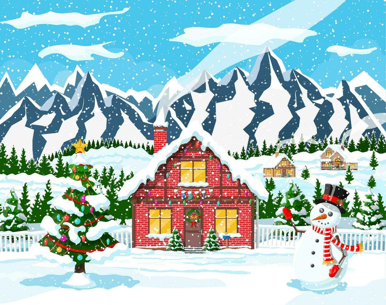 Suburban houses covered snow. Building in holiday ornament. Christmas landscape tree spruce, snowman. Happy new year decoration. Merry christmas holiday. New year xmas celebration. Vector illustration