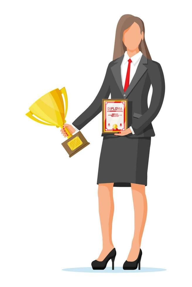 exitoso mujer de negocios participación trofeo y demostración premio certificado, celebra victoria. negocio éxito, triunfo, objetivo o logro. victorioso de competencia. vector ilustración plano estilo