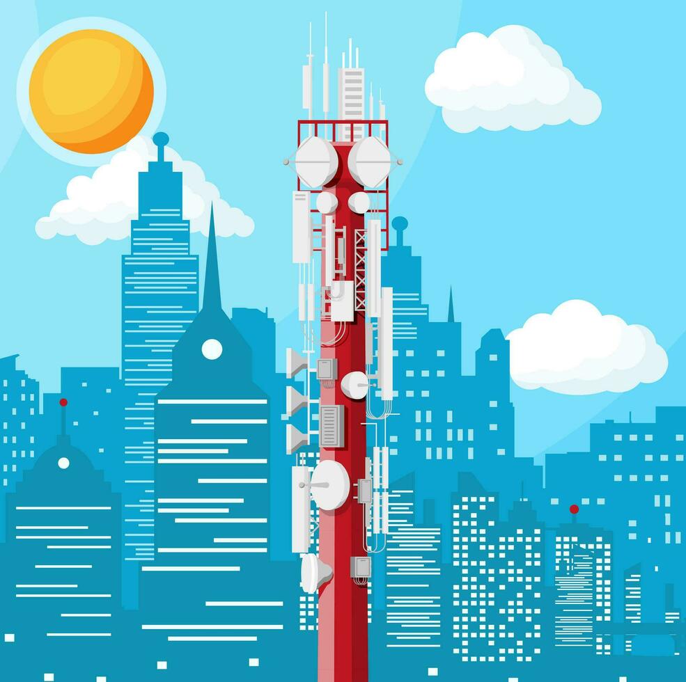 Transmission Cellular Tower Antenna Cityscape. Network Broadcast Equipment Isolated. Broadcasting, Internet, Television Cell Station. 4G 5G. Satellite Communication Antenna. Flat Vector Illustration