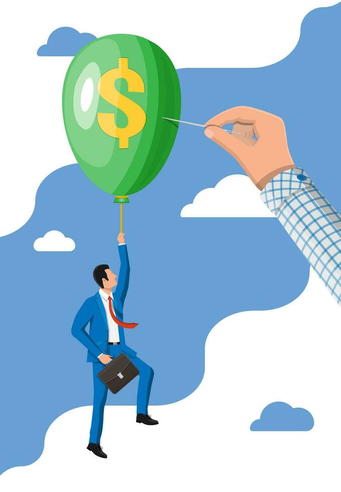Businessman in suit flying a balloon and hand with needle. Concept of economy problem or financial crisis, recession, inflation, bankruptcy, income lost, loss of capital. Flat vector illustration