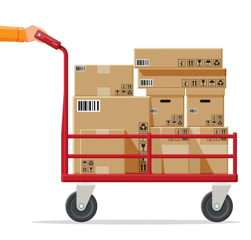 Barrow full of boxes isolated on white. Metallic wheeled trolley with cardboard box. Delivery service and logistics. Hand truck dolly icon. Transportation warehouse. Cartoon flat vector illustration