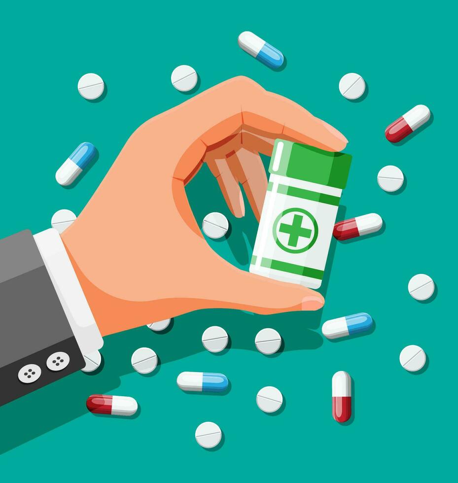 Medicine collection. Bottle, tablets, pills, capsules for illness and pain treatment. Medical drug, vitamin, antibiotic. Healthcare and pharmacy. Vector illustration in flat style