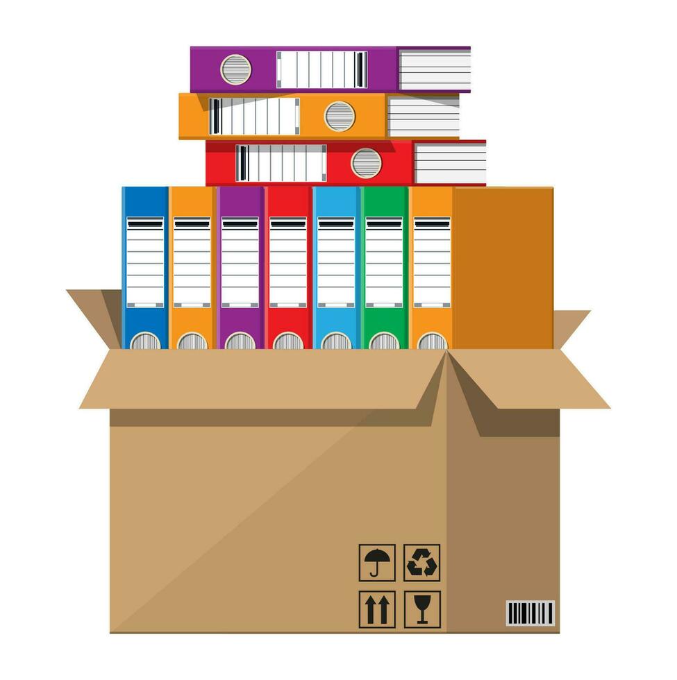 Pile of paper documents, file folders in cardboard box. Huge paperwork and bureaucracy, big data concept. Unorganized messy stack of papers and office work. Flat vector illustration
