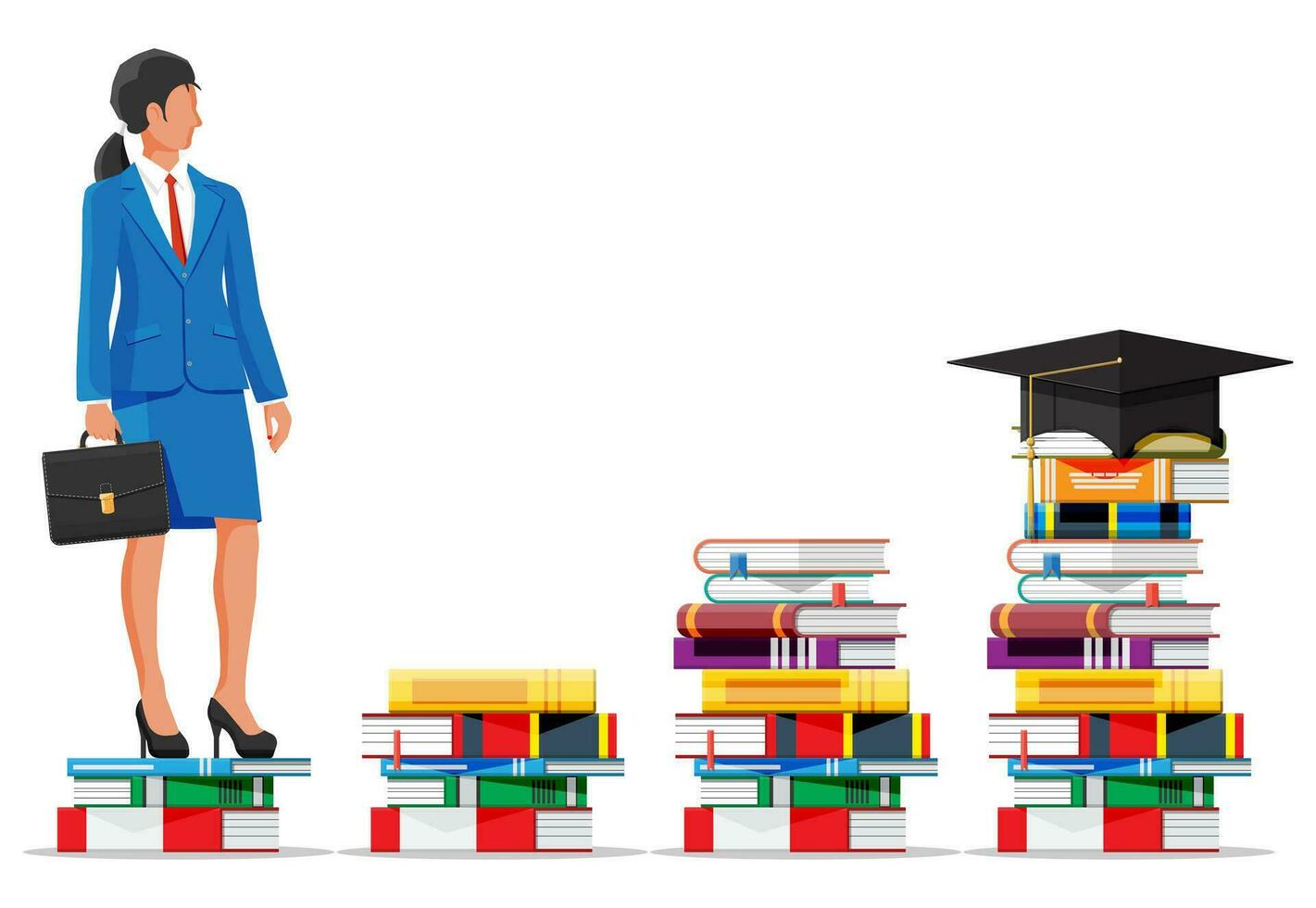 Businesswoman on stack of books. Business woman with briefcase. Education and study. Business success, triumph, goal or achievement. Winning of competition. Vector illustration flat style