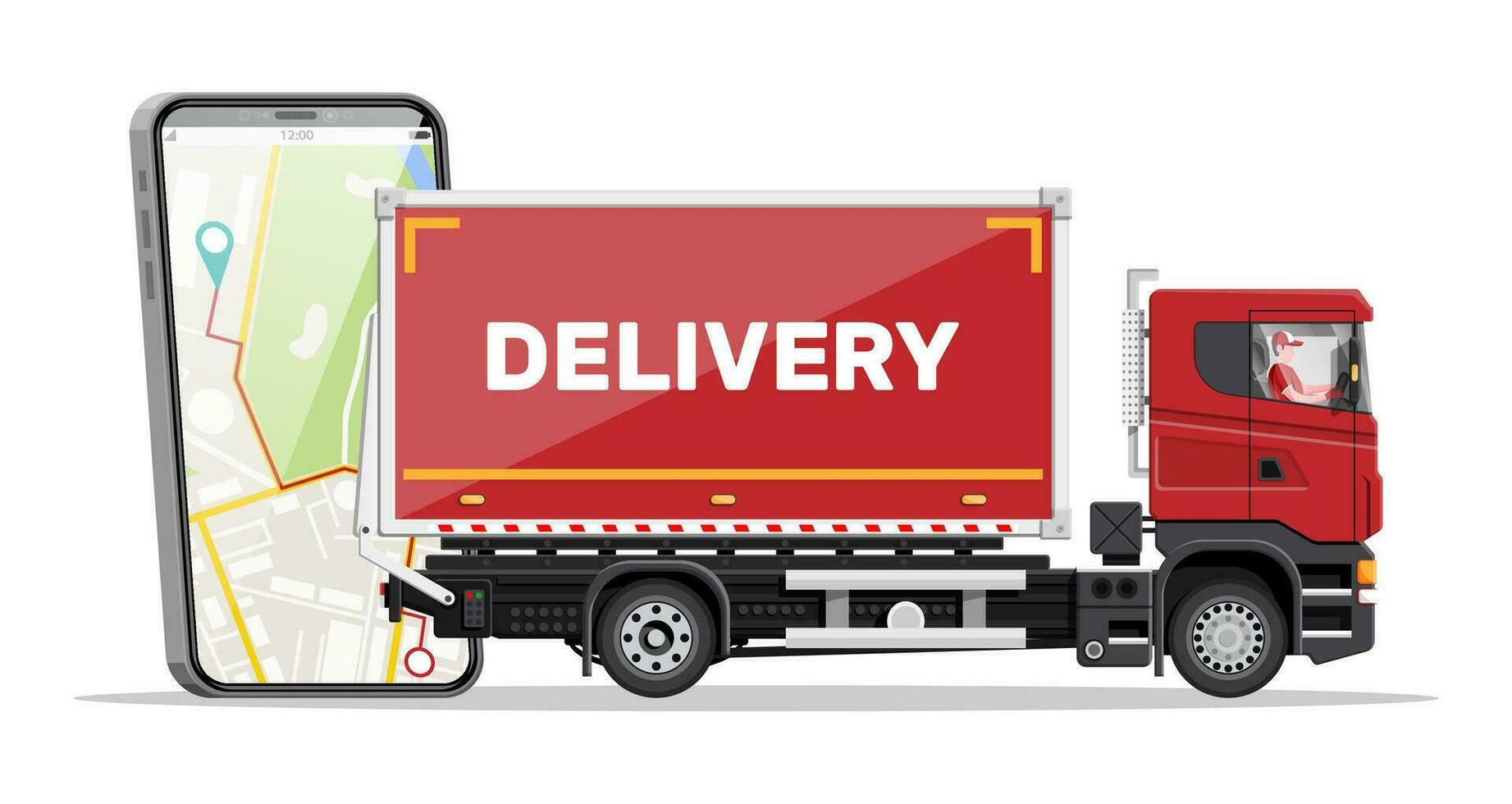 Red delivery van and smartphone with navigation app. Express delivering services commercial truck. Concept of fast and free delivery by car. Cargo and logistic. Cartoon flat vector illustration
